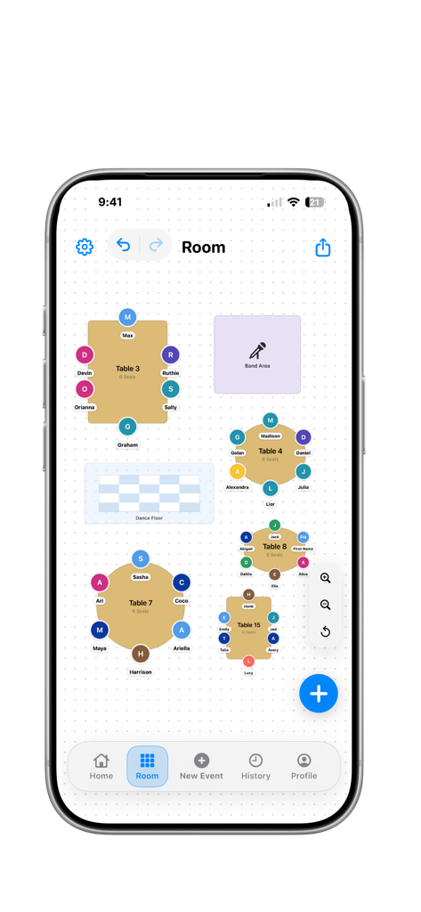 Seat Maker room layout with tables and guests