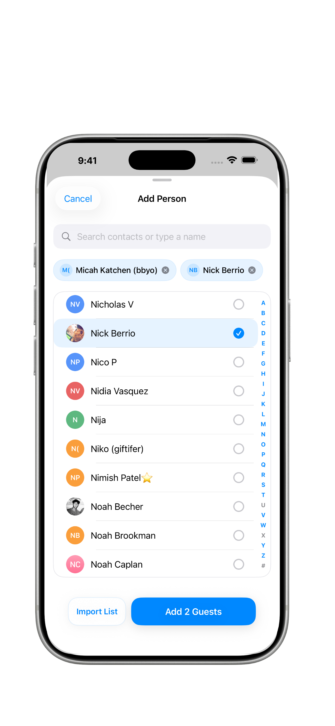 Add guests from contacts or a guest list