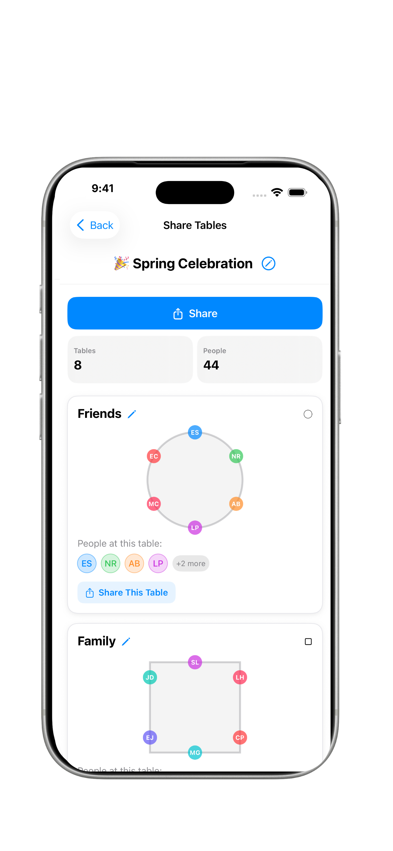 Share tables with your venue and helpers
