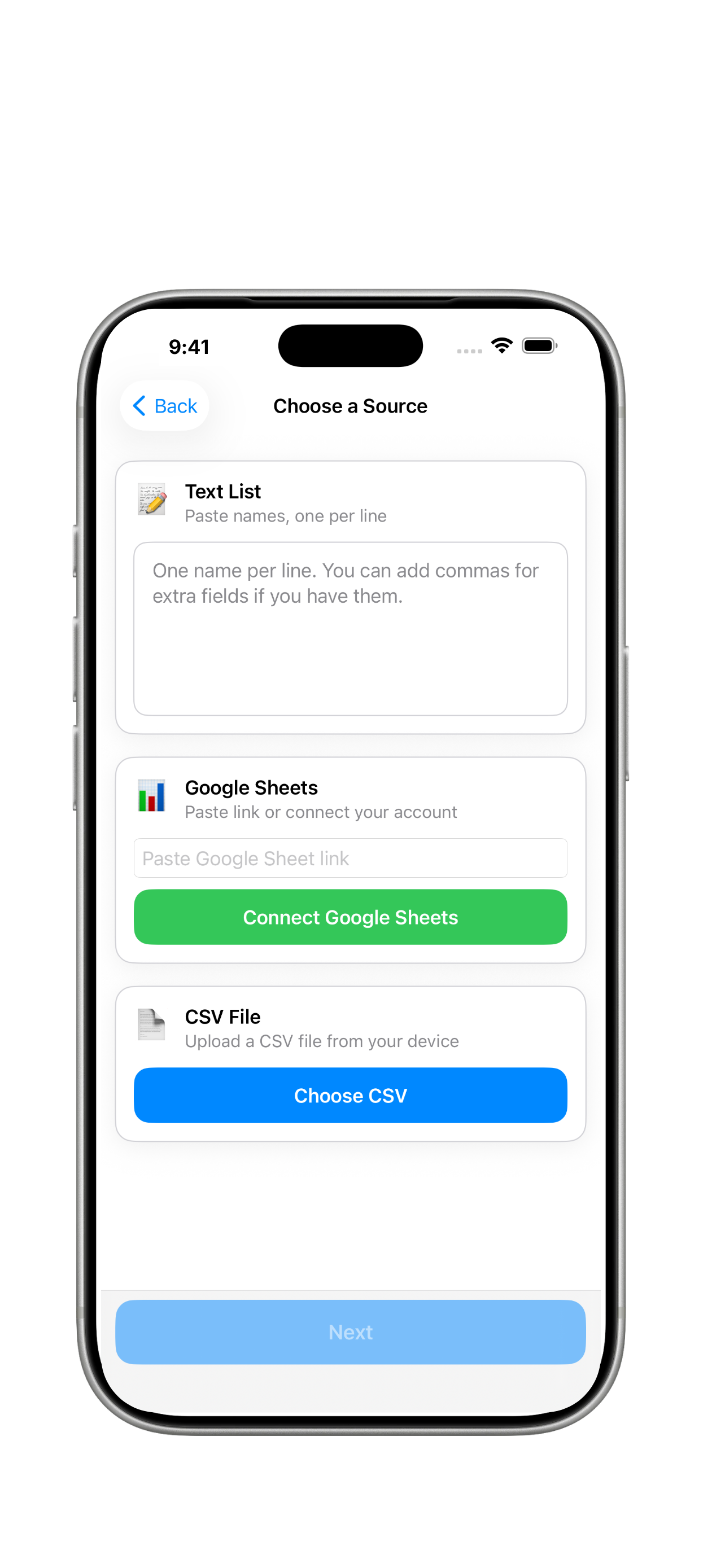 Import names from a text list, Google Sheets, or CSV