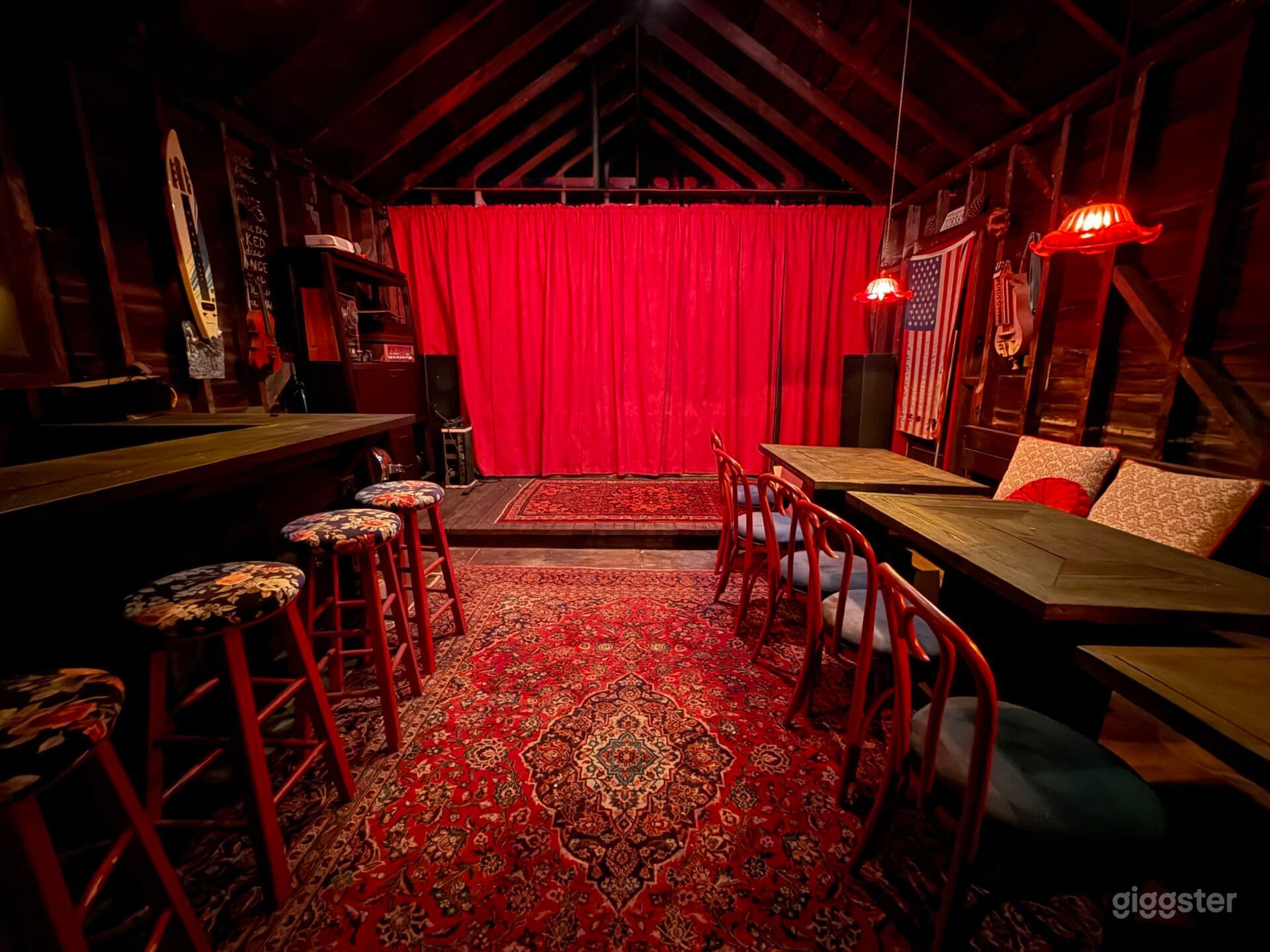 Cinematic Rustic Barn Speakeasy | Bar, Stage & Rich Red Int