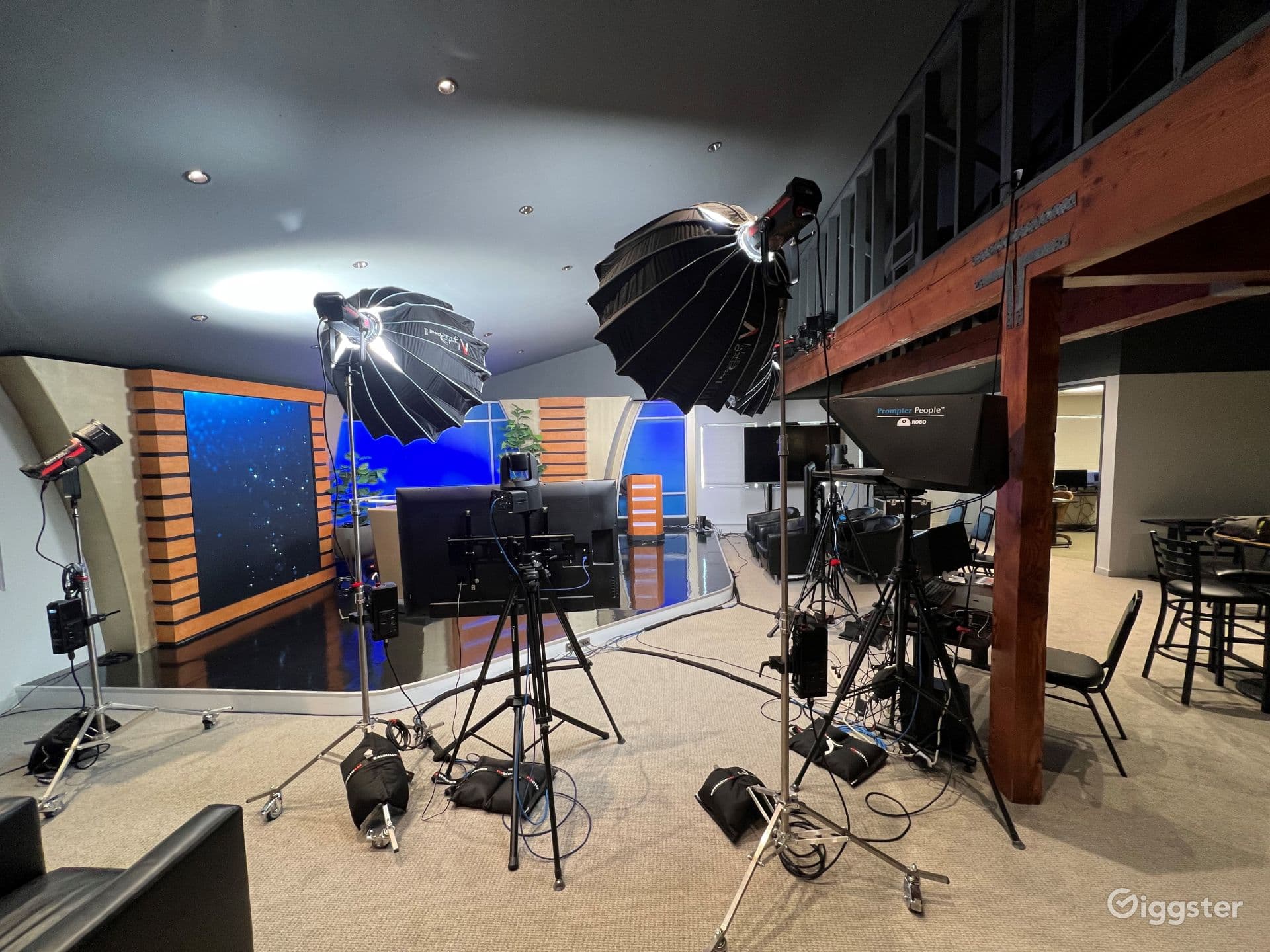 Broadcast set w/ LED display, news desk, grn scrn