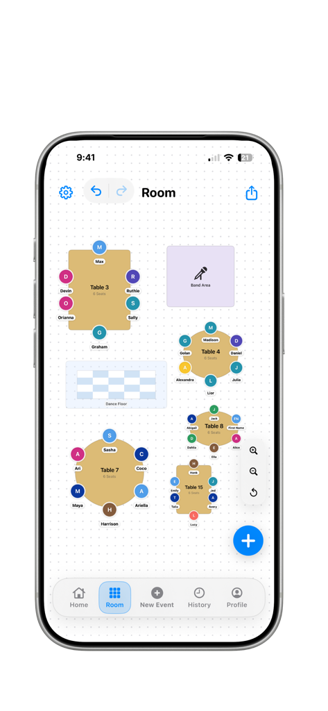 Seat Maker room layout with tables and guests